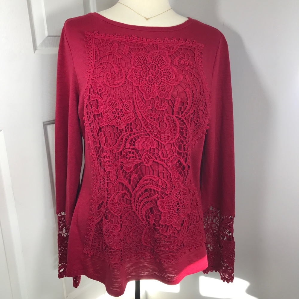 Sundance Catalog Lace Top Lace Traditions Long Sleeve Tee Shirt Cranberry Red L